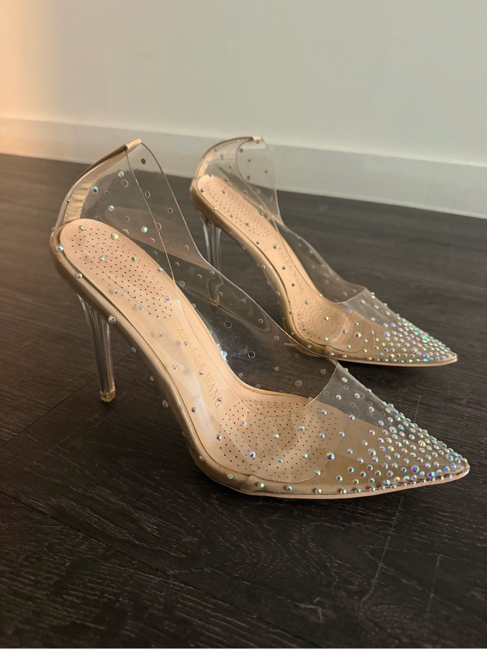 azalea wang  Clear Rhinestone Pointed Toe Stiletto Pumps - Nude Sz. 8.5